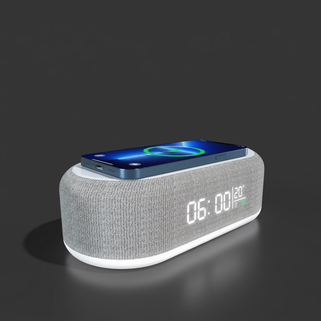 Smart clock with phone on dark grey